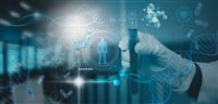 Futuristic laboratory, doctor or scientist holding glass tube, molecular and DNA structure, genetic research human biology and pharmaceutical technology, medical,science,development biological system — Photo