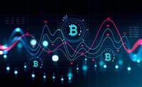 Cryptocurrency hologram with data and graphs, bitcoin icon. Candlesticks and numbers with rising and falling dynamics. Concept of internet banking. 3D rendering — Photo