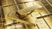 Gold and oil stock market, Gold arrow chart stream up and down with gold and oil commodity trade background. 3d render.