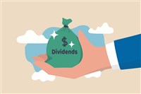 Dividend stocks, public company payback profit in stock market, return or profit from investment concept, businessman investor hand holding big money bag with label Dividends and dollar money sign.