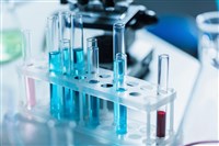 Test tubes with liquid in chemical laboratory on blurred background