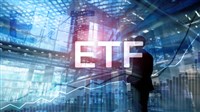 Composite image of a man standing in a glass building, a rising stock chart, and ETF. 