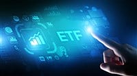 Investor pointing at rising ETF chart.