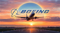 Boeing logo rising behind a commercial jet taking off at sunrise