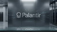 Palantir logo positioned prominently with data center infrastructure in the background. 