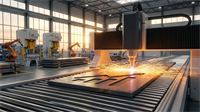 Automated factory laser-cutting a metal sheet with sparks flying, symbolizing industrial and manufacturing strength.