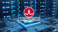 Broadcom logo appears on a semiconductor chip inside a data center, underscoring AI infrastructure demand.