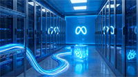 Blue-lit data center corridor features Meta infinity and Manus logos, signaling AI infrastructure expansion.
