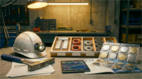 Mining helmet, metals samples, and ETFs on a workbench illustrate investor exposure to industrial materials markets.