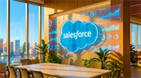 Salesforce logo displayed in a modern office with analytics dashboards, highlighting enterprise cloud software growth.
