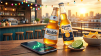 Modelo and Corona beers on rooftop bar beside rising stock chart symbolize resilient beer demand.