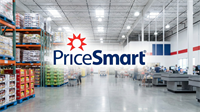 Imaginative depiction of a PriceSmart shopping center, with customers and company branding visible.