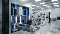 Cleanroom semiconductor fab with advanced wafer fabrication equipment processing silicon wafers, highlighting chip manufacturing industry growth.