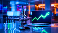 Microscope and test tubes beside a laptop showing a rising chart signal biotech progress and improving stock momentum.