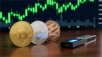 Bitcoin, Ethereum, and Litecoin coins with a hardware wallet in front of a rising market chart.