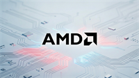 AMD logo centered on a futuristic circuit-board background with soft blue and red glow accents.