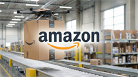 Amazon-branded package carried by a delivery drone inside a warehouse, highlighting Amazon logistics and tech momentum.