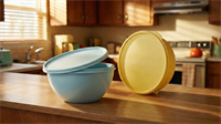Plastic food-storage bowl and lid on kitchen counter, symbolizing Betterware’s Tupperware LATAM acquisition.