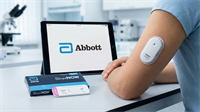 Abbott logo on tablet beside Libre glucose sensor and BinaxNOW test kit in a clinical lab setting.