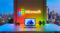 Microsoft logo above laptop with Seattle skyline, underscoring MSFT as core AI-driven tech stock.