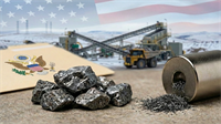 Rare earth ore and magnet with U.S. flag and mine site, highlighting critical minerals policy and supply chain security.