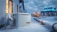 Generac standby generator in snowy yard near gas pipeline, highlighting backup power demand for GNRC.