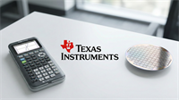 Texas Instruments logo between a graphing calculator and a silicon wafer on a clean desk, semiconductor theme.