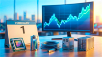 Calendar marked Feb. 1 with AI chip and servers beside rising chart, signaling top stock picks for February.