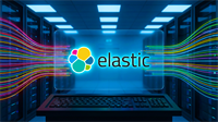 Elastic logo on server-room console with flowing data streams, highlighting search analytics software and ESTC stock.