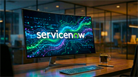 ServiceNow logo glows on a monitor amid flowing data lines in a modern office.