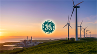 GE logo over wind farm at sunset, signaling renewables growth.