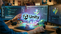 Developer uses Unity engine on multiple monitors, highlighting Unity Software’s gaming tools and U stock focus.
