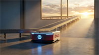Rockwell Automation autonomous mobile robot operates beside conveyor, highlighting industrial automation driving efficiency.