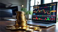 Gold coins stacked beside a laptop trading chart, highlighting gold price volatility and safe-haven demand.