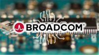Broadcom logo over a blurred circuit board background.