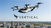 Vertical Aerospace eVTOL aircraft flying over a city skyline with prominent Vertical logo, symbolizing EVTL.