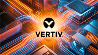 Vertiv logo on glowing data-center cooling hardware, highlighting AI infrastructure demand and VRT stock momentum.