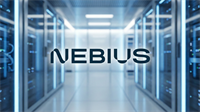Nebius logo over a glowing data-center aisle, symbolizing AI infrastructure as BlackRock accumulates shares.