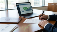 Investor signs trading documents as laptop shows BUY signal, echoing insider buying optimism in stocks.