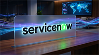 ServiceNow logo on an office desk with digital data waves and a global dashboard, highlighting enterprise software.