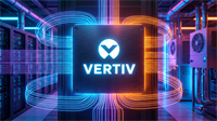 Vertiv logo in a data center with flowing network lines, highlighting AI infrastructure demand and data center stocks.