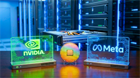 NVIDIA and Meta logos beside a chip wafer in a data center, highlighting AI infrastructure spending.