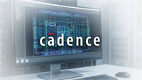 Cadence Design Systems branding over semiconductor chip design interface on monitor screen.