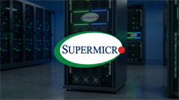Super Micro Computer logo displayed on a server rack inside a modern AI data center, highlighting AI infrastructure and cooling technology.