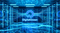 DigitalOcean logo in server room with flowing data lines, highlighting DOCN cloud infrastructure demand.