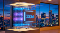 IBM quantum computing system display in a glass case, highlighting IBM stock and AI infrastructure focus.