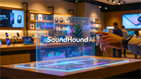 SoundHound AI demo displayed on a transparent screen in a retail tech store, highlighting SOUN stock.