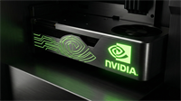 Close-up of an NVIDIA AI data center GPU unit with the green NVIDIA logo illuminated on a sleek metallic surface, symbolizing strong AI revenue growth and semiconductor industry leadership.