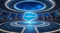 Salesforce cloud logo in a futuristic tech setting, highlighting CRM enterprise software and AI platform growth.