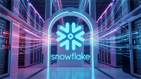 Snowflake logo in data center with server racks, highlighting SNOW cloud data platform and AI infrastructure demand.